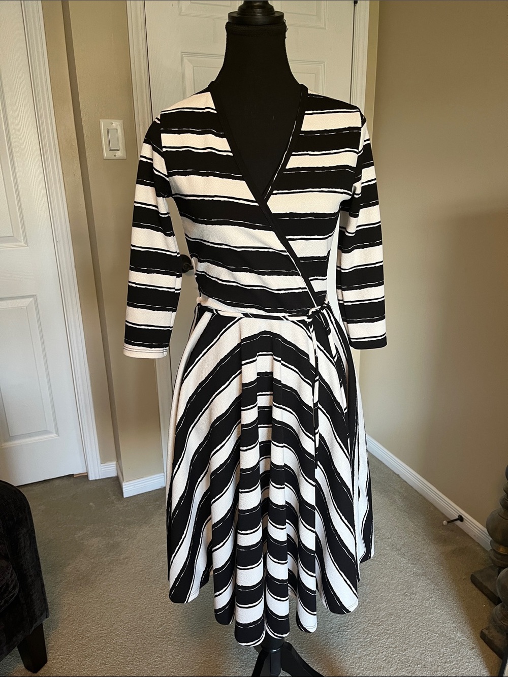 Striped Wrap Midi Dress in Black and White